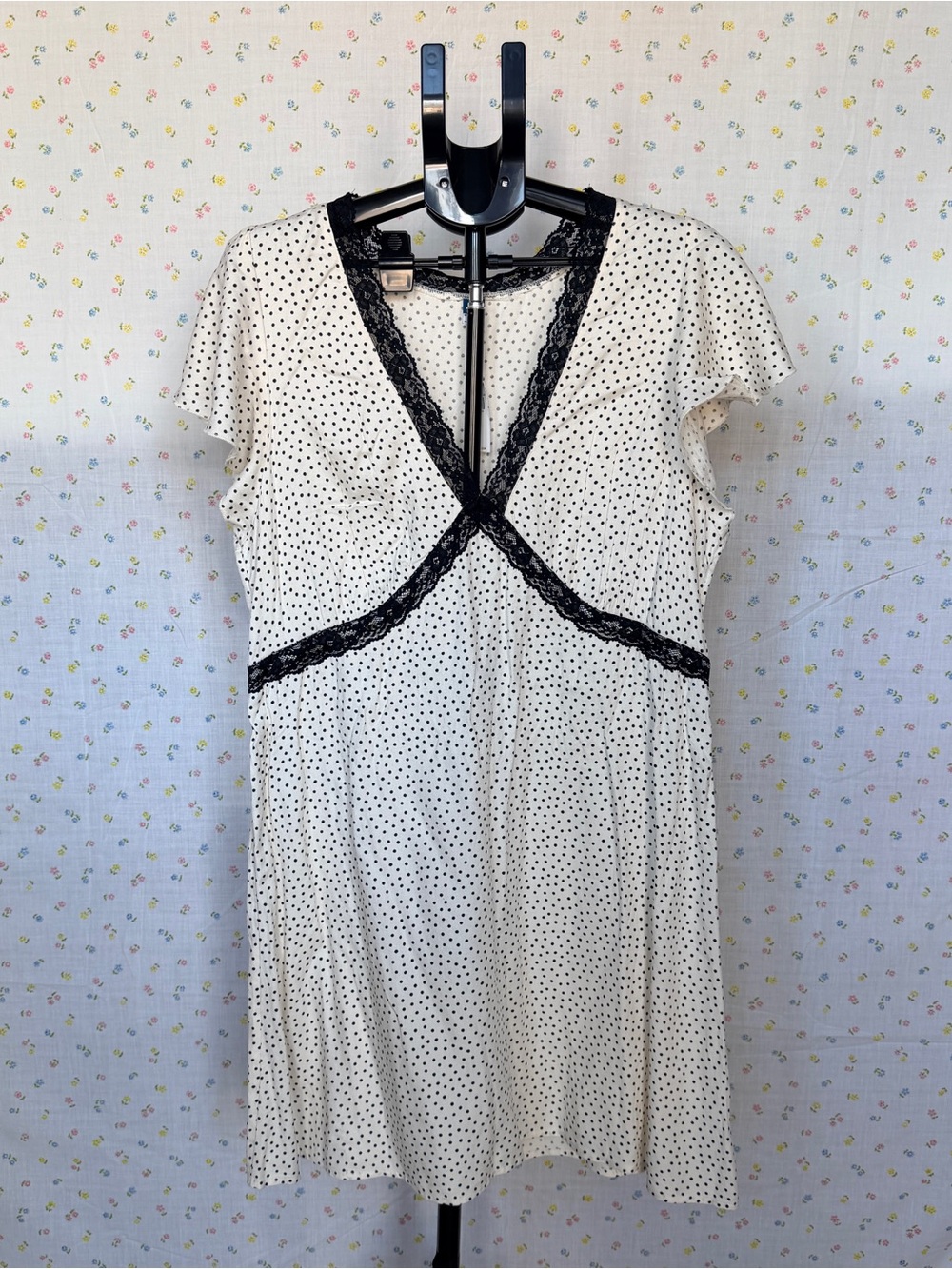 Old Navy cottage core White Mini Dress with Black Polka Dots and Black Lace